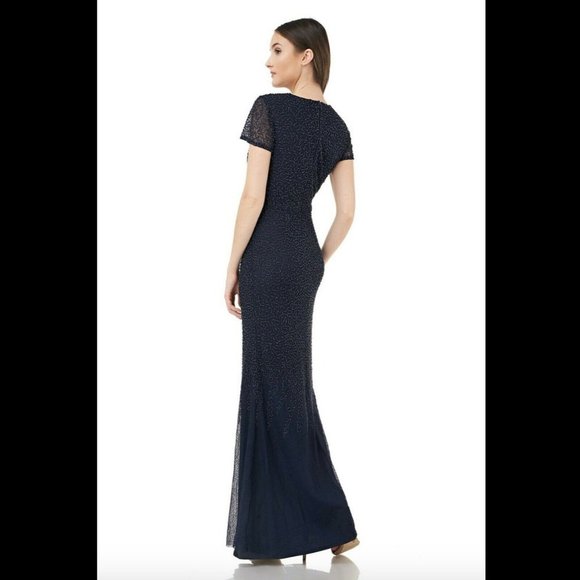 NWT $358 JS Collection Cowl Neck Beaded Mesh‎ Gown in Blue [SZ 10 ] - Picture 3 of 12